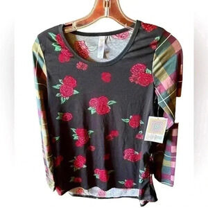 Lularoe XS black long sleeve rose pattern Lynnae  plaid sleeves&red roses. NWT